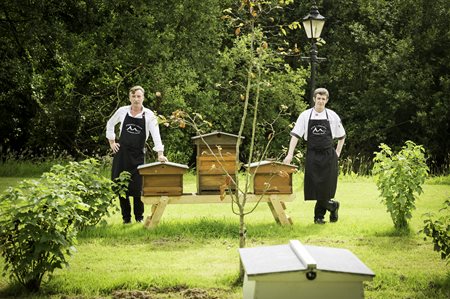 Two men standing by beehives