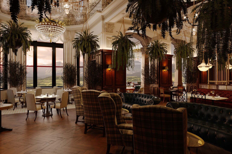 A cosy yet elegant restaurant with plaid chairs, large windows offering scenic views, and greenery hanging from the ceiling
