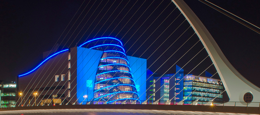 The Dublin Convention Centre lit up at night