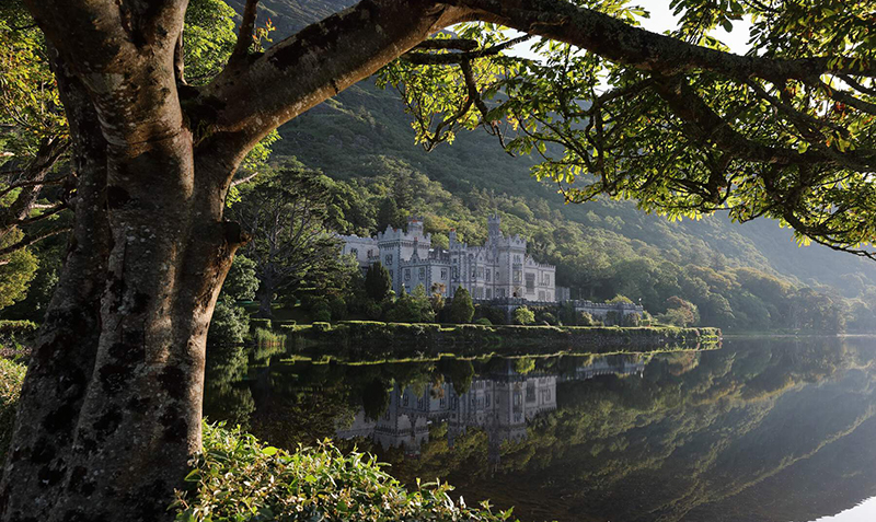 View of Kylemore abbey on a sunny day.