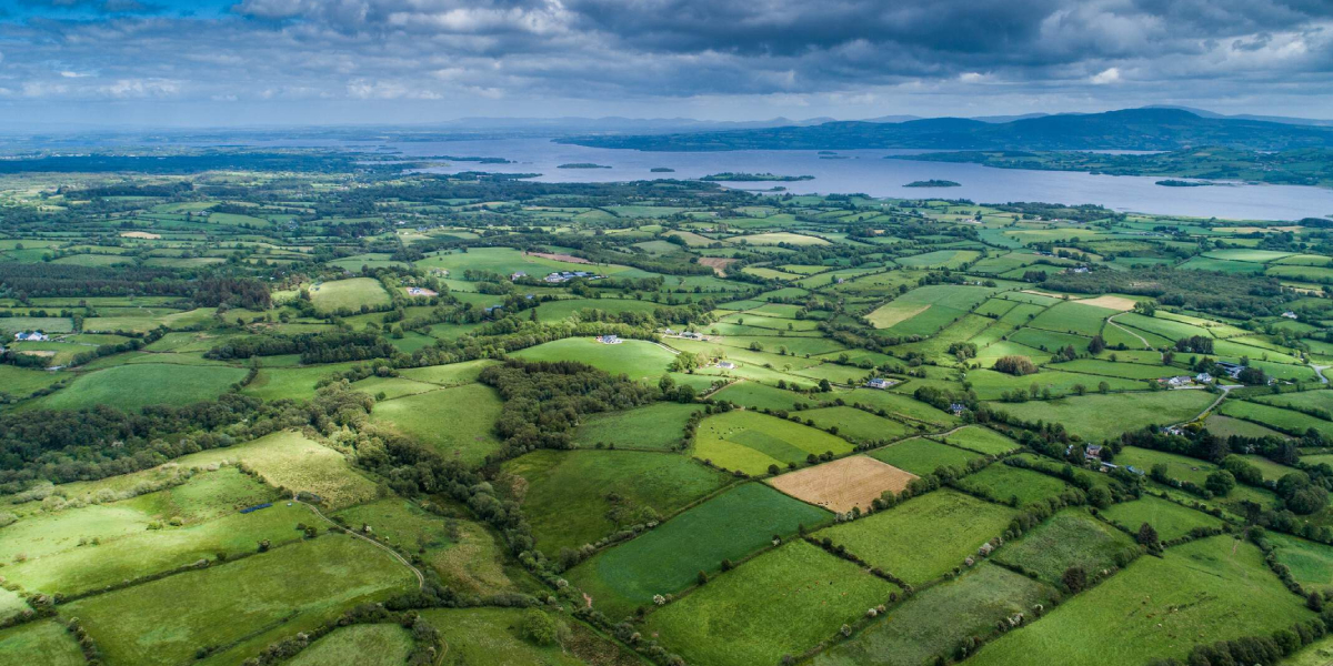 Aerial shot of green fields with a body of water and mountains in the distance.