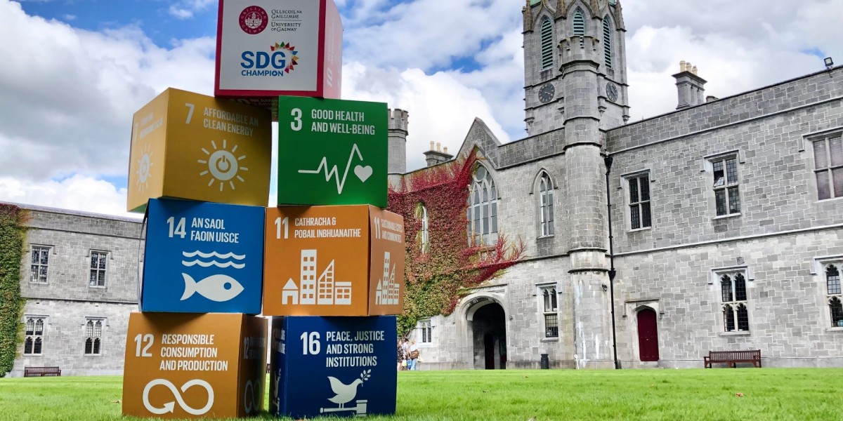 A display of Sustainable Development Goals cubes in front of the University of Galway.