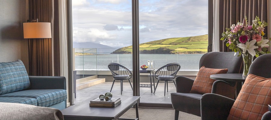 View of Dingle Bay from the Deluxe Balcony suite at Dingle Skellig Hotel