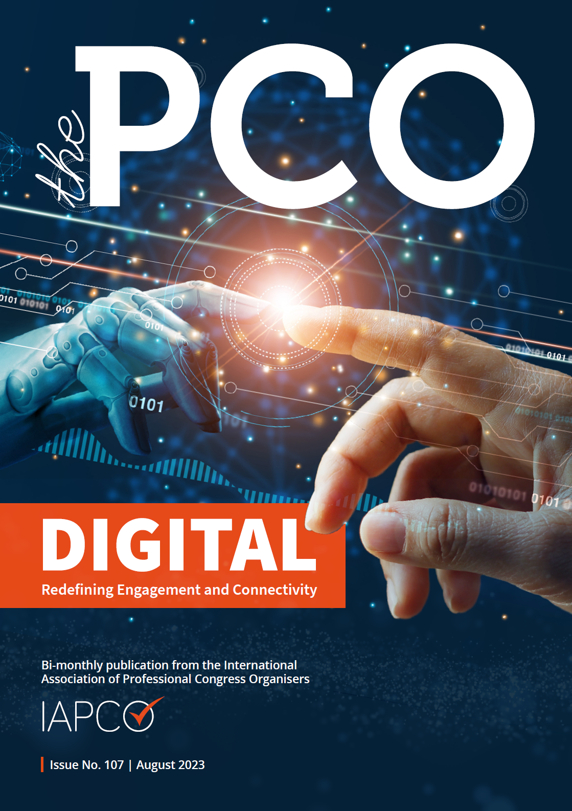 Cover of "The PCO" magazine, August 2023 edition, titled "Digital: Redefining Engagement and Connectivity," focusing on the digital transformation in event management