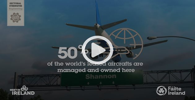 Video thumbnail featuring an aircraft taking off near a sign for Shannon, highlighting that 50%25 of the world’s leased aircraft are managed and owned in Ireland