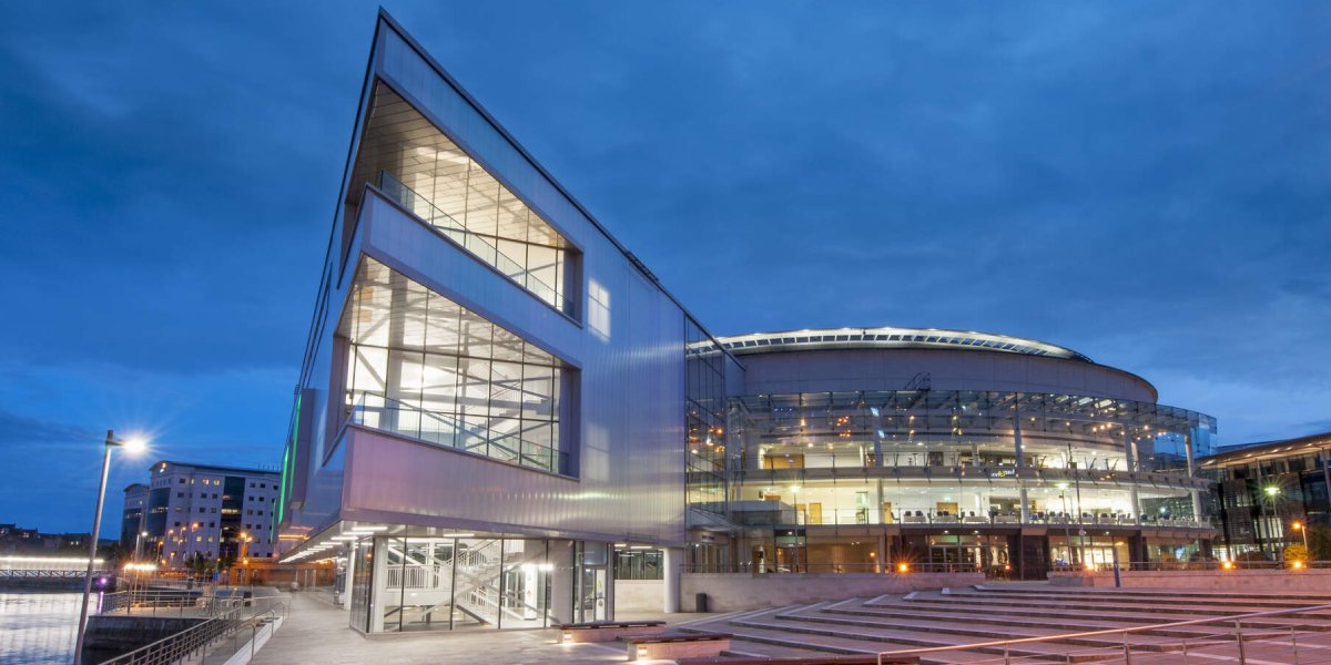 ICC Belfast lit up at night