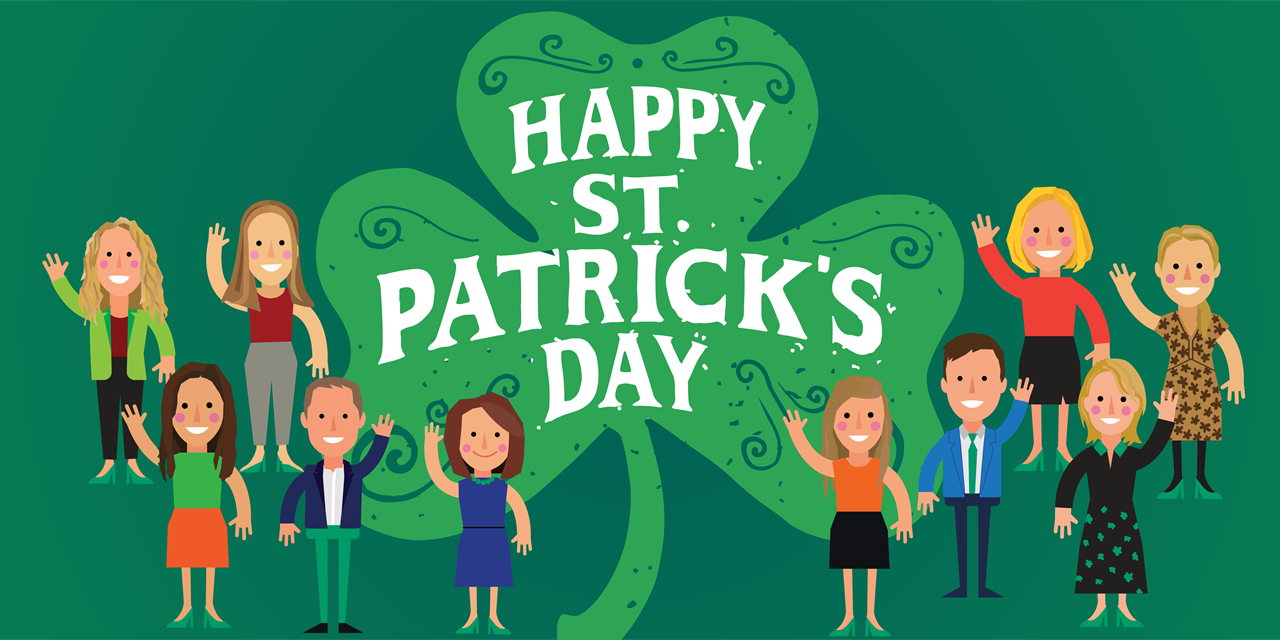 St. Patricks day image with writing that says 'Happy St Patricks day' on a shamrock and avatars waving. 