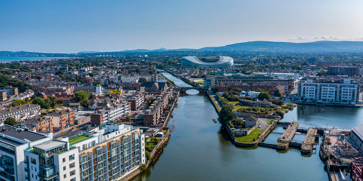 Aerial view of Dublin City including Aviva Stadium and the Dublin Mountains
