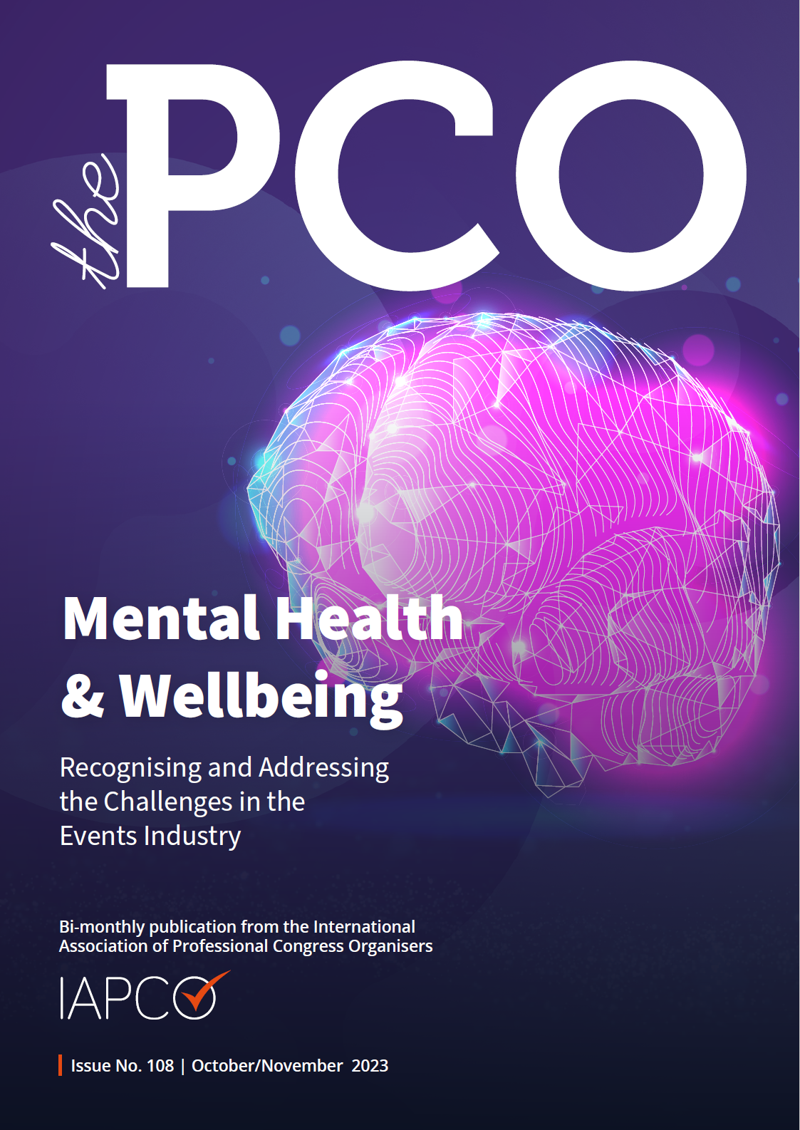 Cover of "The PCO" magazine, October/November 2023 edition, titled "Mental Health & Wellbeing," addressing challenges in the events industry