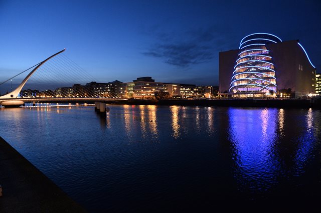 Exterior Convention Centre, Dublin, at night,