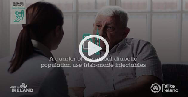 Video thumbnail featuring a healthcare professional speaking with a patient, highlighting Ireland's role in producing injectables used by a quarter of the global diabetic population